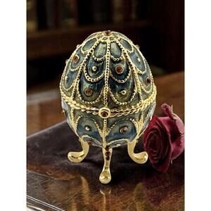 Monet Guiloche Enamel Egg Shaped Trinket Box Blue/ Green w/ Crystals 2 Inch